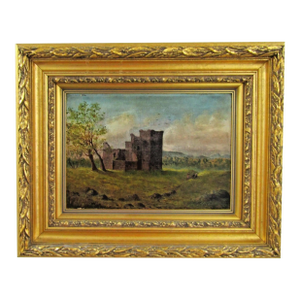 Victorian Original Oil Painting Castle Ruins With People in Gold Gild Frame