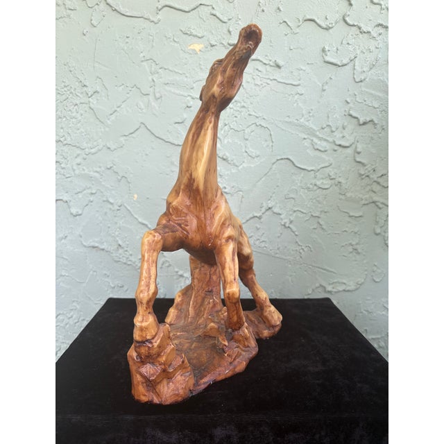 Vintage Italian Rearing Horse Resin Sculpture by A. Giannetti – Faux Carved Wood Finish For Sale - Image 4 of 9