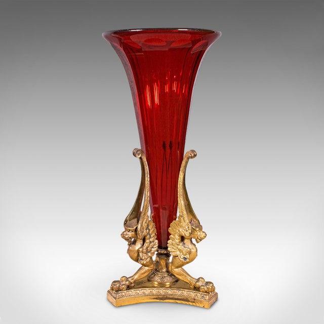 French Antique Epergne, French, Gilt Bronze, Cranberry Art Glass, Flower Vase, c.1920 For Sale - Image 3 of 12