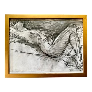 Vintage Reclining Nude Charcoal Drawing of a Woman - Signed For Sale