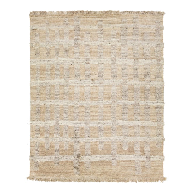Organic Modern Moroccan Light Brown Wool Rug With Geometric Pattern For Sale
