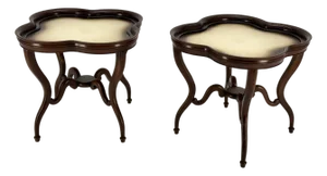 Pair Mahogany Clover Shape Light Cream Leather Top Lamp End Tables Stands