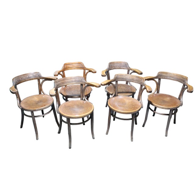 Incredible Set of Six Antique Fischel Bentwood Arm Chairs With Embossed Floral Design on the Seats For Sale - Image 4 of 13