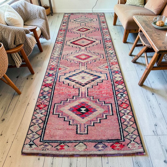 Contemporary 1960s Runner Rug Turkish Hand-Knotted Rug Pink Hallway Decor Kitchen Runner 3x10 Ft Approx For Sale - Image 3 of 14