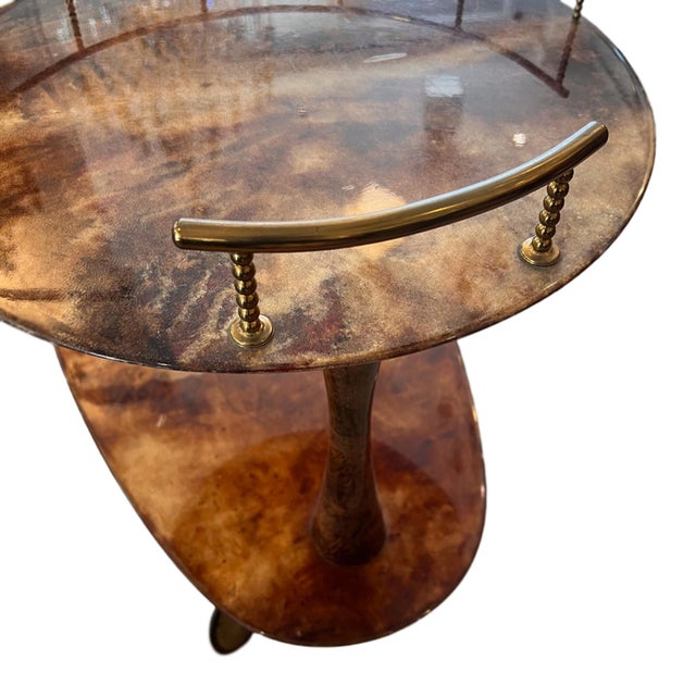 1960s 2-Tier Bar Cart in Lacquered Goatskin and Brass attributed to Aldo Tura, 1960s For Sale - Image 5 of 6