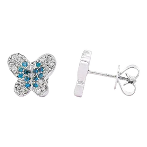 14k White Gold Butterfly Motif Blue & White Diamond Pave Stud Earrings - 2 Pieces