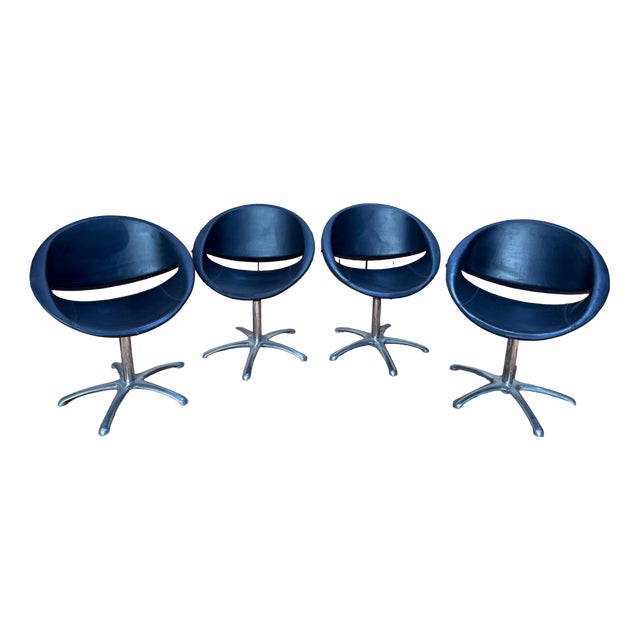 Set of 4 Swivel Shell Chairs 1980 Karisma Leather & Chrome Metal For Sale