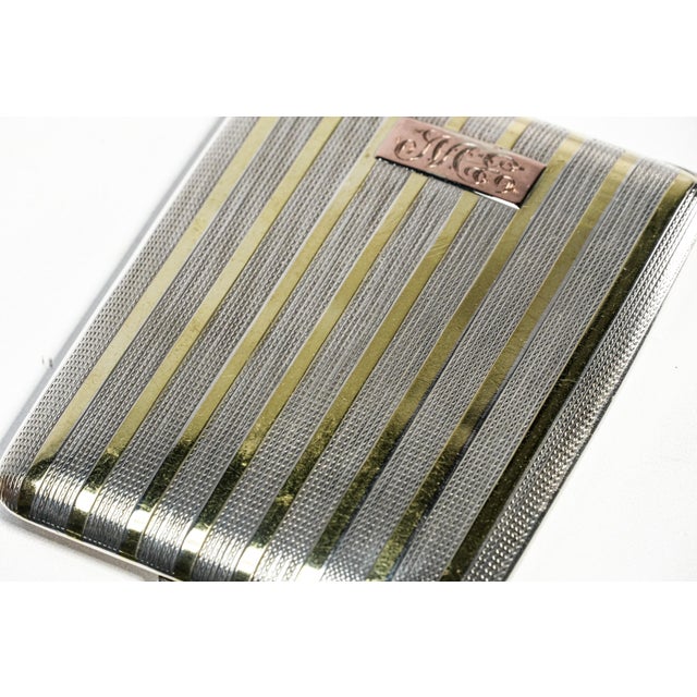 Wonderful Engine Turned Art Deco Antique Sterling Silver 14k Gold Cigarette Card Case For Sale - Image 4 of 16
