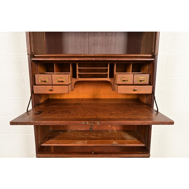 Wood Antique Mission Oak Arts & Crafts Barrister Bookcase With Drop Front Secretary Desk by Gunn, Circa 1920s For Sale - Image 7 of 14