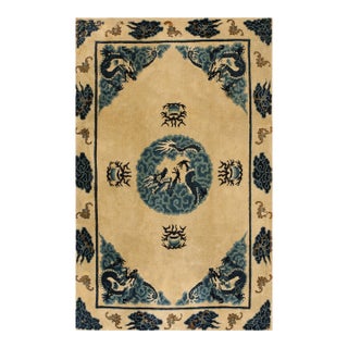 1900s Tan Beige Medallion Antique Chinese Baotou Rug 3'10''x 6'2'' Knotted Pile Wool Carpet For Sale