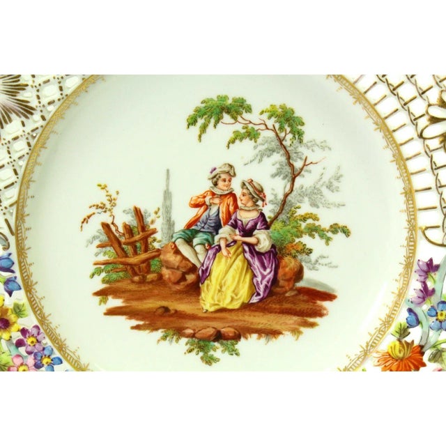 Rococo 1820's Porcelain Plates Coalport Romantic Scenes Reticulated With Encrusted Flowers - a Pair For Sale - Image 3 of 13
