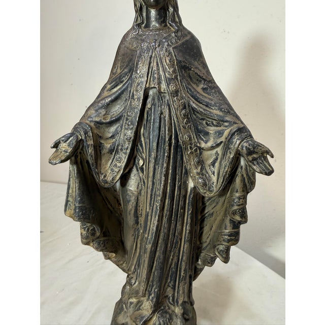 Tall Antique Silver Plate Metal Religious Saint Virgin Mary Statue Sculpture For Sale In New York - Image 6 of 13