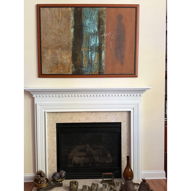 Original oil and mixed media painting by Ecuadorian artist Nancy Vizcaíno. The center blue section has a copper treatment....