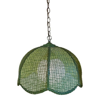 1970s Green Wicker/Matte Glass Flower Hanging Pendant Light For Sale