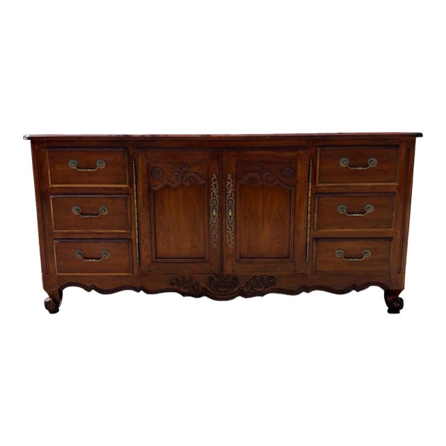 Drexel Heritage French Provincial Sideboard | Buffet Credenza | Vintage Wood Cabinet |Carved Doors | Long Dresser | Storage Console For Sale