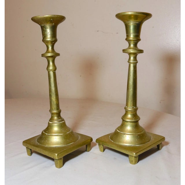 Rare Pair Primitive Antique 18th Century Turned Brass Candlestick Candle Holder For Sale - Image 10 of 11