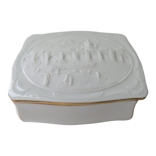 Mid 20th Century Hochst German Porcelain Jewelry-Trinket Box W/ Embossed Augustus Bridge Scene on Lid For Sale