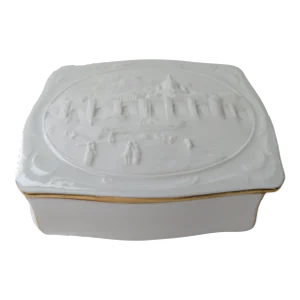 Mid 20th Century Hochst German Porcelain Jewelry-Trinket Box W/ Embossed Augustus Bridge Scene on Lid