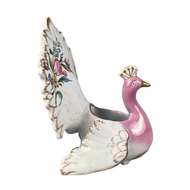 19th Century French Faience Salt Cellar Peacock Saint Clement ( Lorraine ) Decored with flowers called Herbs of Lorraine,...