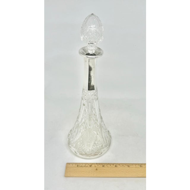 Mid 20th Century Cut Crystal Wine or Liquor 11 1/2 Decanter With Silver Metal Collar Diamond and Fan Cut Pattern For Sale - Image 11 of 12