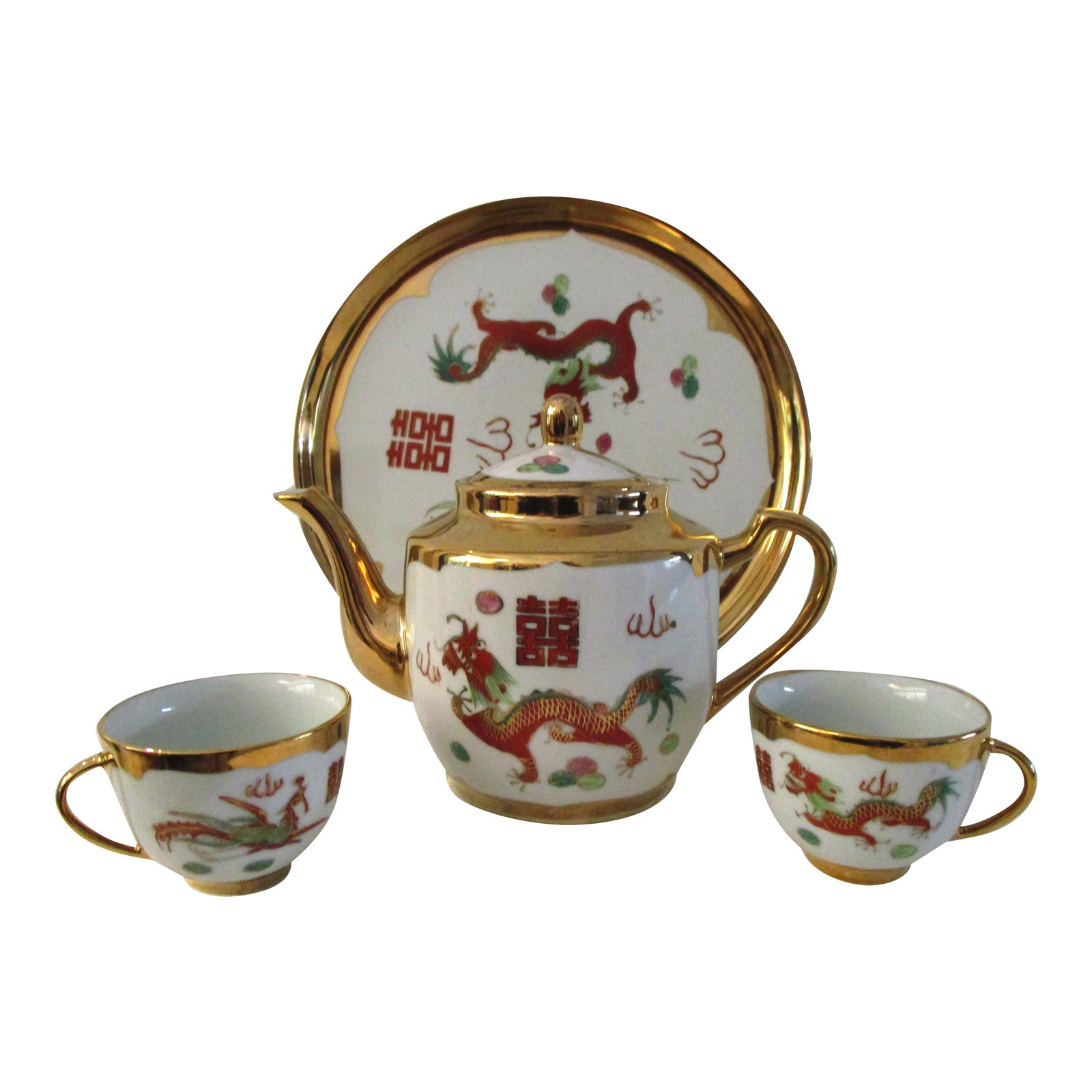 MidCentury Chinese Porcelain Gilded Dragon Tea Set, 4 Pcs Chairish