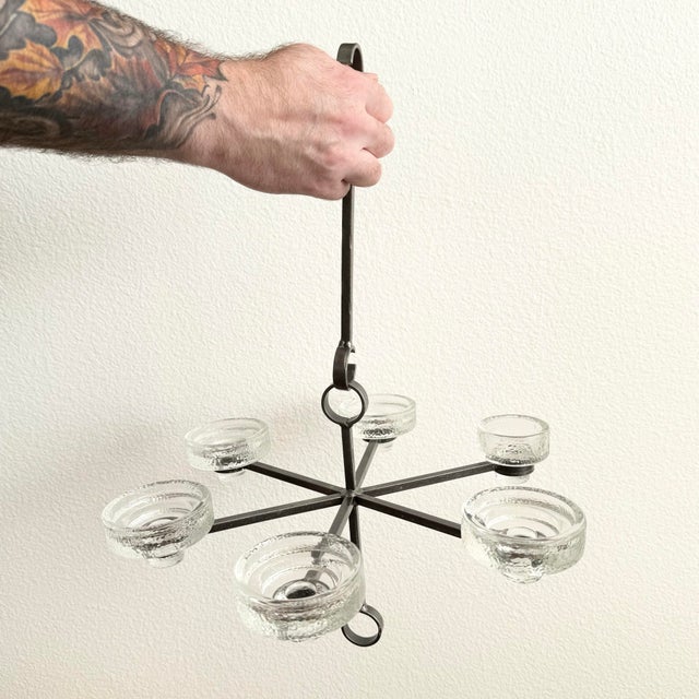 Mid-Century Modern 1960s Mid Century Modern Swedish Erik Hoglund Iron Glass Hanging Candle Chandelier 50” Long For Sale - Image 3 of 11