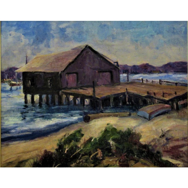 This artwork Titled "Sausalito, CA" c.1940 is an oil painting on cardboard panel by noted California artist Carl M. Thorp,...
