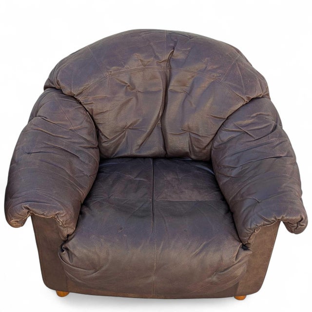 Wood Late 20th Century Slouchy Overstuffed Leather Lounge Chairs in Chocolate Brown - Pair For Sale - Image 7 of 18