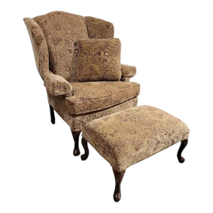 Vintage American Upholstered Queen Anne Wingback Chair, Footstool, and Pillow