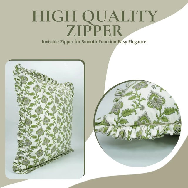 Art Deco Fabdivine Artistic Block Print Frill Pillow Cover 22x22 Inch Thick Cotton White- Madhubala For Sale - Image 3 of 5