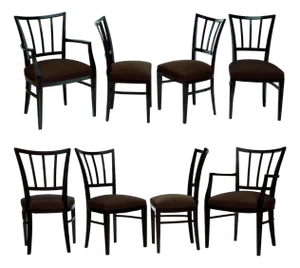Set of Eight Italian Modern Dining Chairs of Black Wood and Espresso Fabric
