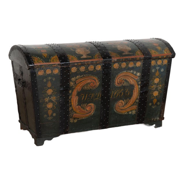 Original Green Painted Swedish Dome Top Trunk Dated 1853 For Sale