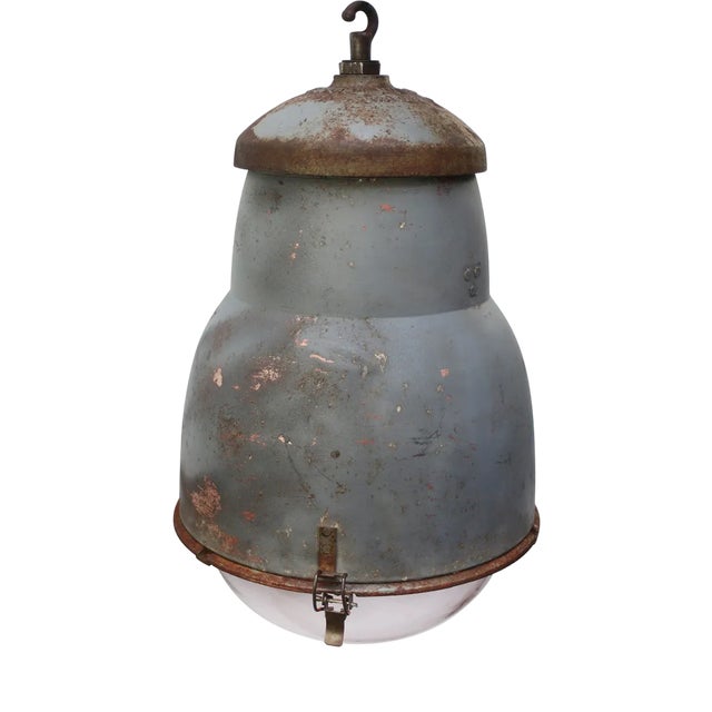 Vintage French Industrial Round Gray Metal Glass Pendant Light from Philips For Sale