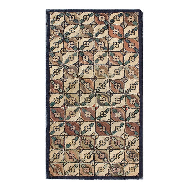 Checkered and Leaf Design American Hooked Rug in Earth Tones 3'1" X 6'0" For Sale