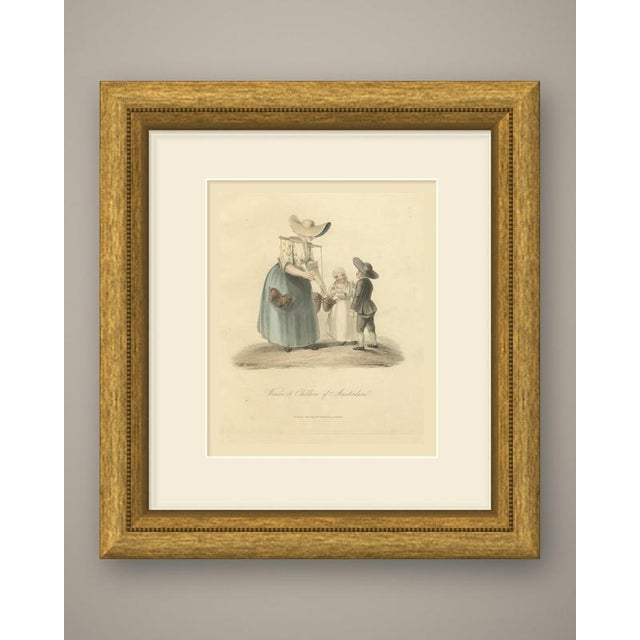 An original antique hand colored engraving after miss semple, lettered "woman & children of amsterdam.", from the costume...