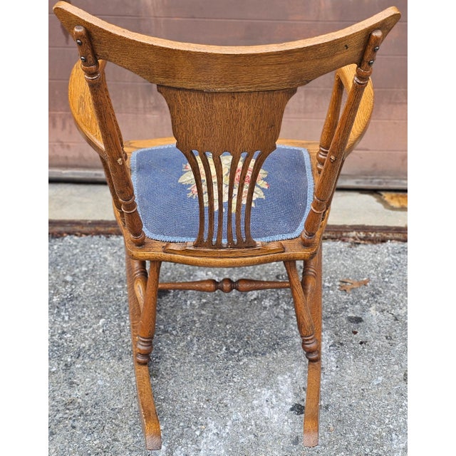 Early 20th Century Victorian Arts and Crafts Pressback Oak & Needlepoint Upholstered Rocking Chair For Sale - Image 4 of 7