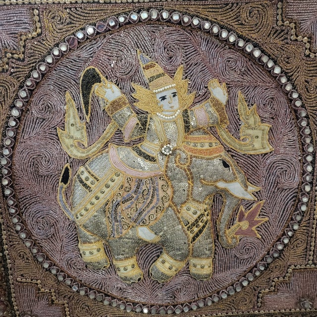 Early 20th Century Burmese Embroidered Kalaga Tapestry. Two Roundels ...