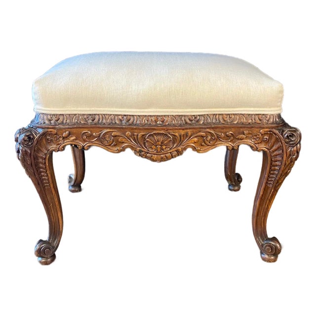 French Louis XV Walnut Bench or Ottoman With Exquisite Carving For Sale