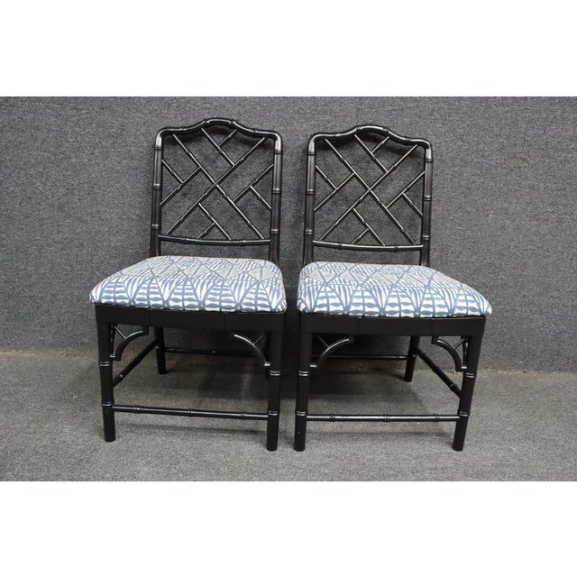 Blue Set of 4 Hollywood Regency Ebonized Faux Bamboo Dining Side Chairs For Sale - Image 8 of 16