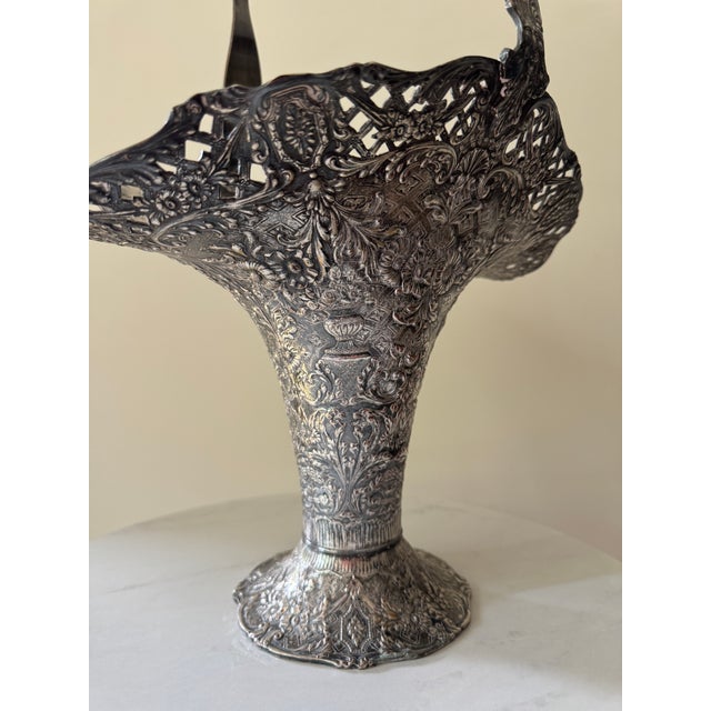 Victorian Silver-Plated Bride’s Basket With Reticulated Rim & Repousse Decoration, C. 1880s — Monogrammed “A” For Sale - Image 4 of 9