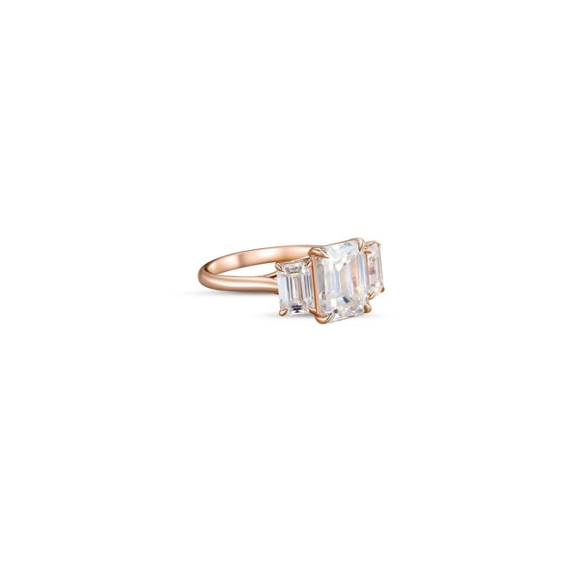 Emerald Cut Moissanite Three Stone Engagement 14k Gold Ring, Size 6 For Sale - Image 4 of 6