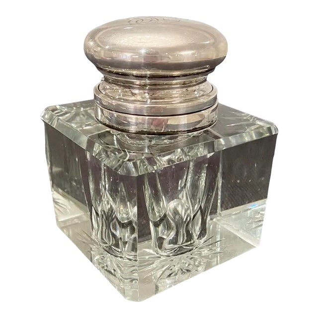 Vintage Cartier Silver and Cut Crystal Monogrammed Inkwell For Sale