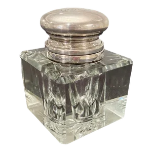 Vintage Cartier Silver and Cut Crystal Monogrammed Inkwell