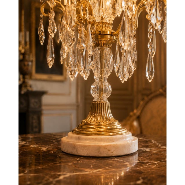 French 1990 French Louis XVI Gold Bronze Crystal Candelabra Table Lamp For Sale - Image 3 of 16