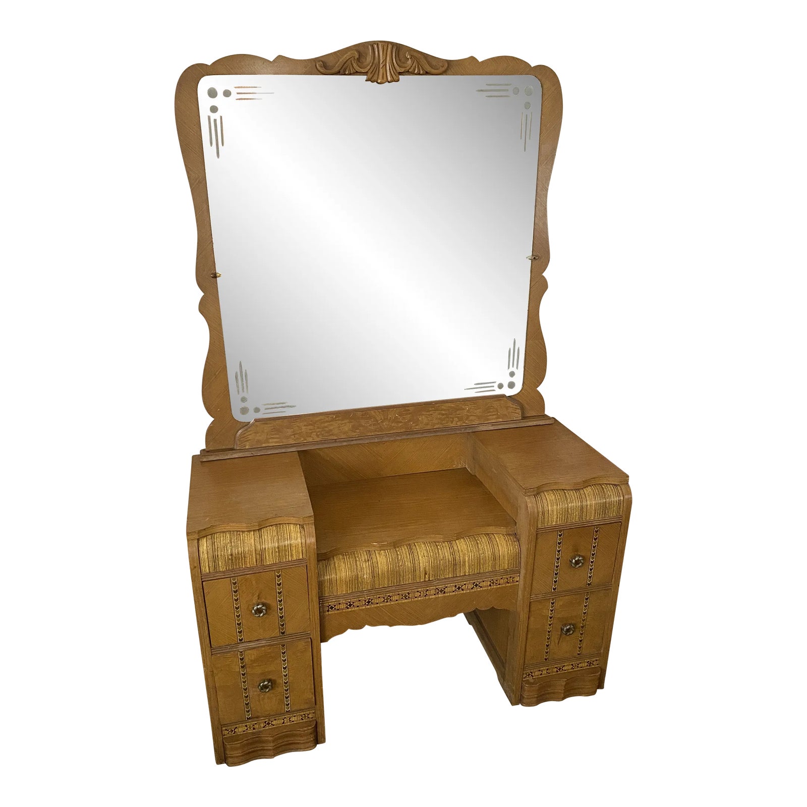 Early 20th Century Vintage Art Nouveau Vanity Desk & Mirror Waterfall Front Chairish