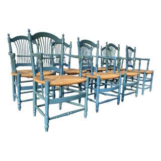 1980s Set of Eight Country French Wheat Sheaf Back Chairs, Rush For Sale