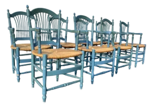 1980s Set of Eight Country French Wheat Sheaf Back Chairs, Rush