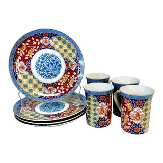 1950s Vintage Chinoiserie Japanese Imari Luncheon Plates and Mugs - Set of 8 For Sale