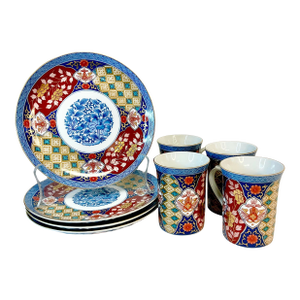 1950s Vintage Chinoiserie Japanese Imari Luncheon Plates and Mugs - Set of 8.