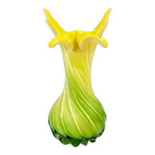 Vintage Green & Yellow Jack-in-the-Pulpit Glass Vase, Made in China For Sale